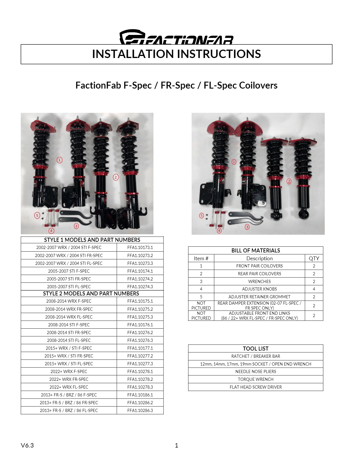 FabFuv FactionFab V2 FL-Spec Coilovers 2013-2020 FR-S BRZ 86 / 2022-2026 BRZ