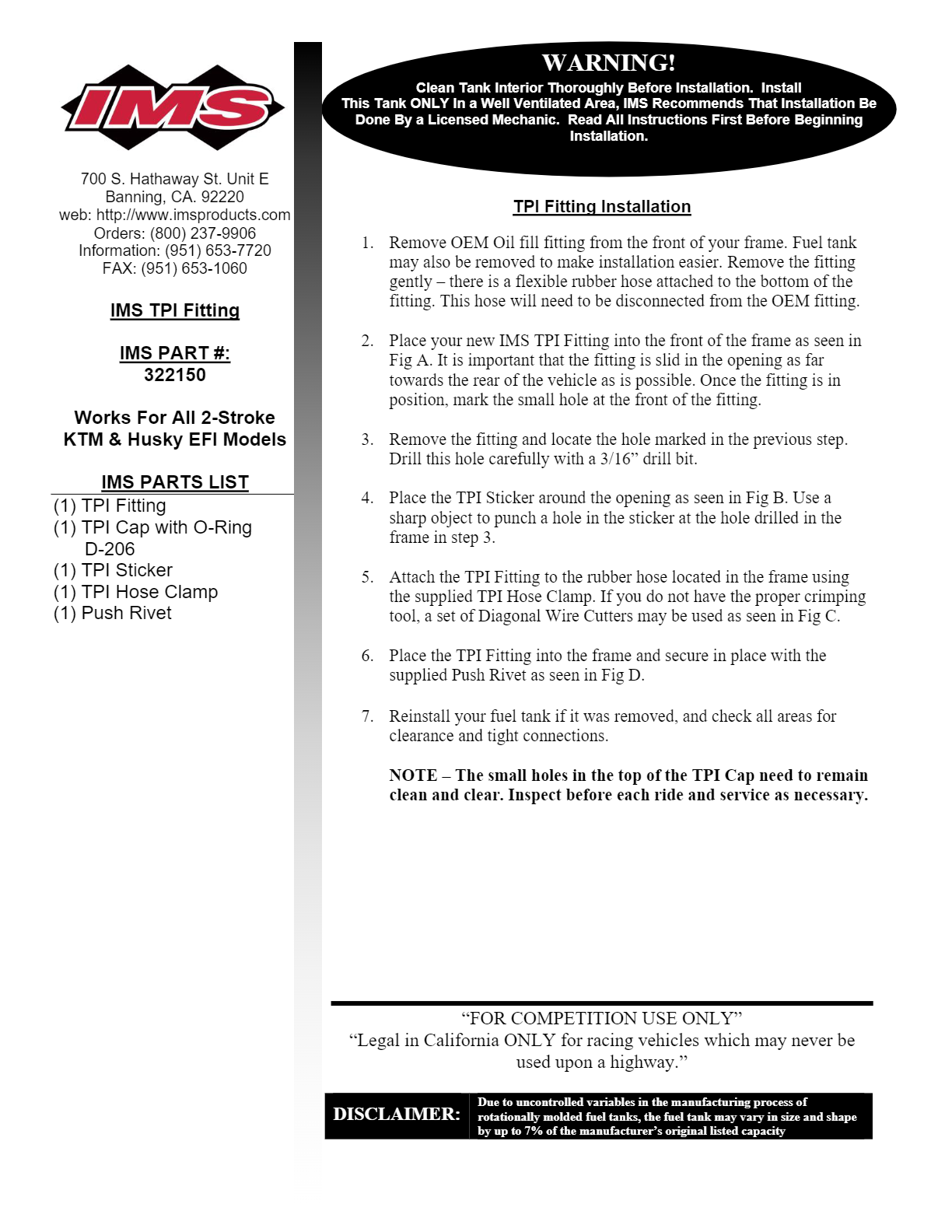Ultra Slim TPI Fitting Replacement #322150-KIT – IMS Products